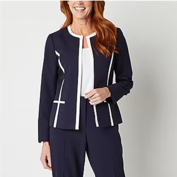 Crown & Ivy Navy White Trim Cropped Blazer Jacket NWT Size Small Preppy Chic - Picture 1 of 7